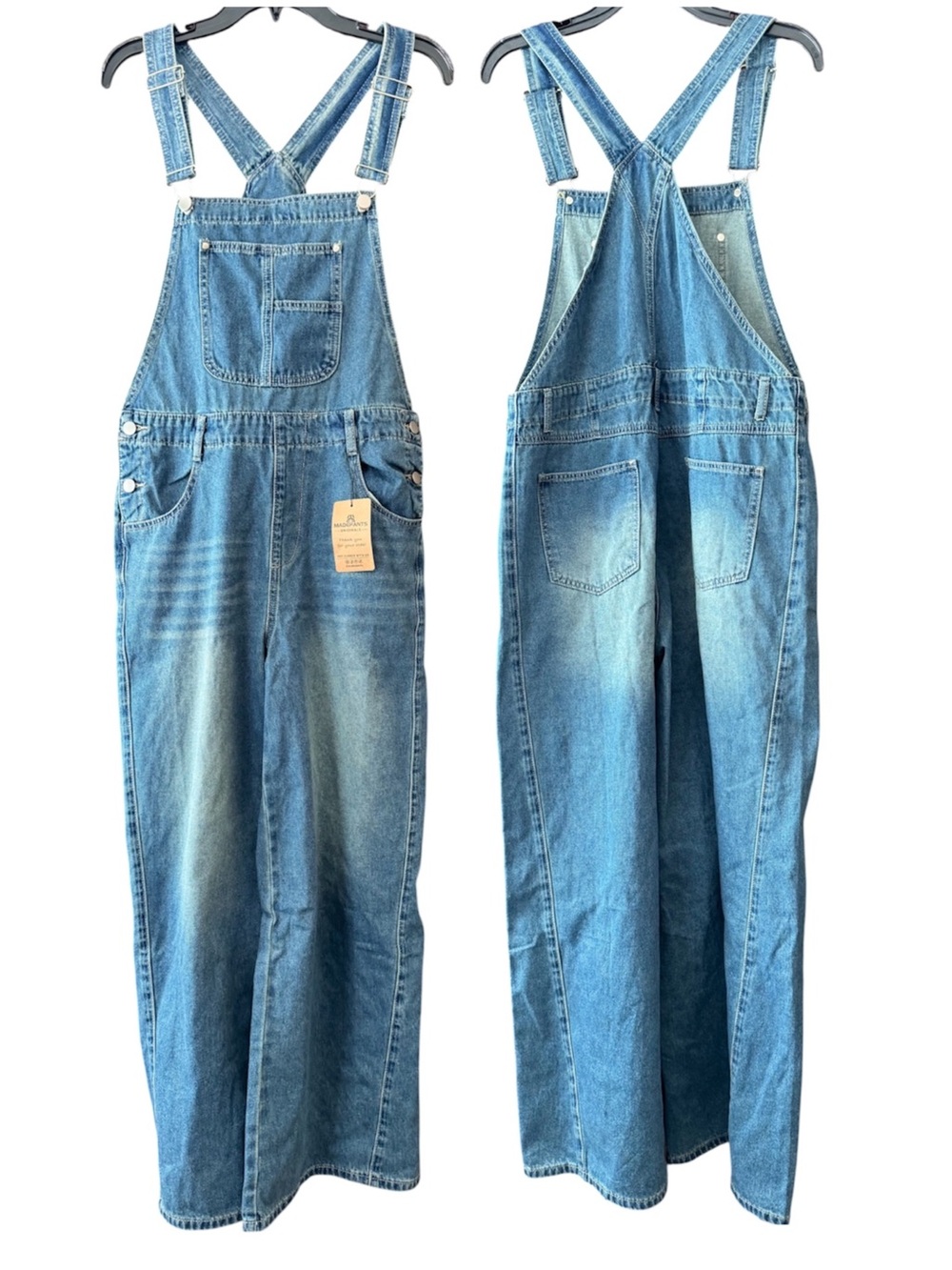 MADEPANTS denim wide leg overalls, size L, NWT